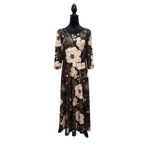 LBISSE Floral Print Maxi Dress 3/4 Sleeve Black Beige Women's Size L